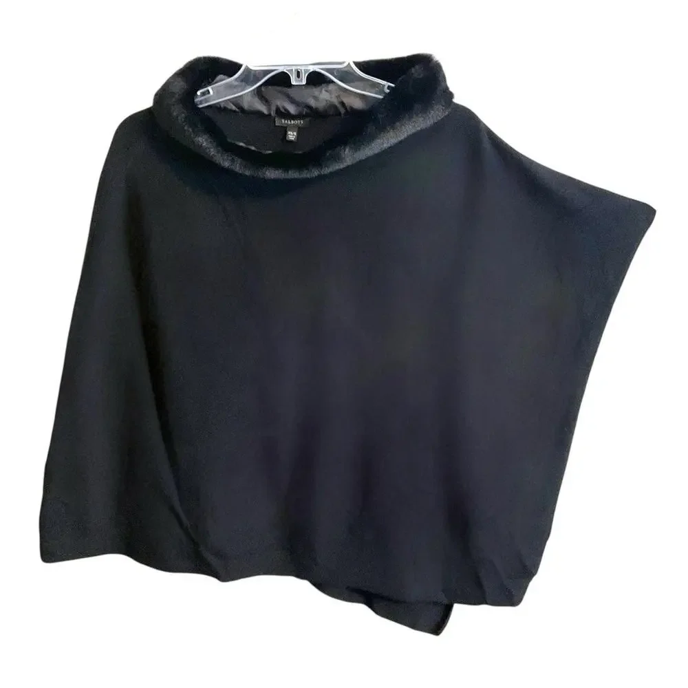 Talbots Black Faux Fur Trim Asymmetrical Hem Cape Poncho Women XS/S Formal Wear - Picture 4 of 14